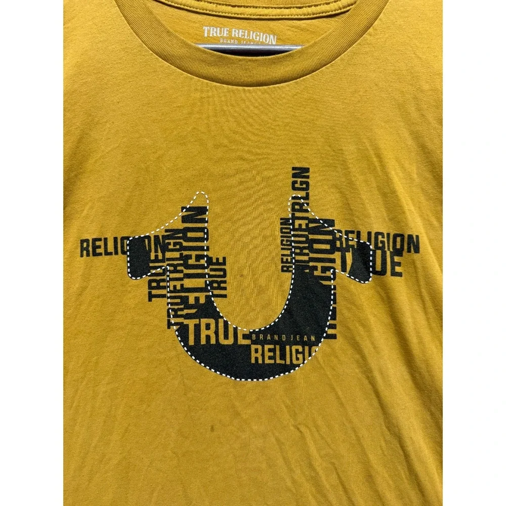 True Religion Shirt Men Large Mustard Yellow Graphic Print Horseshoe Logo Cotton